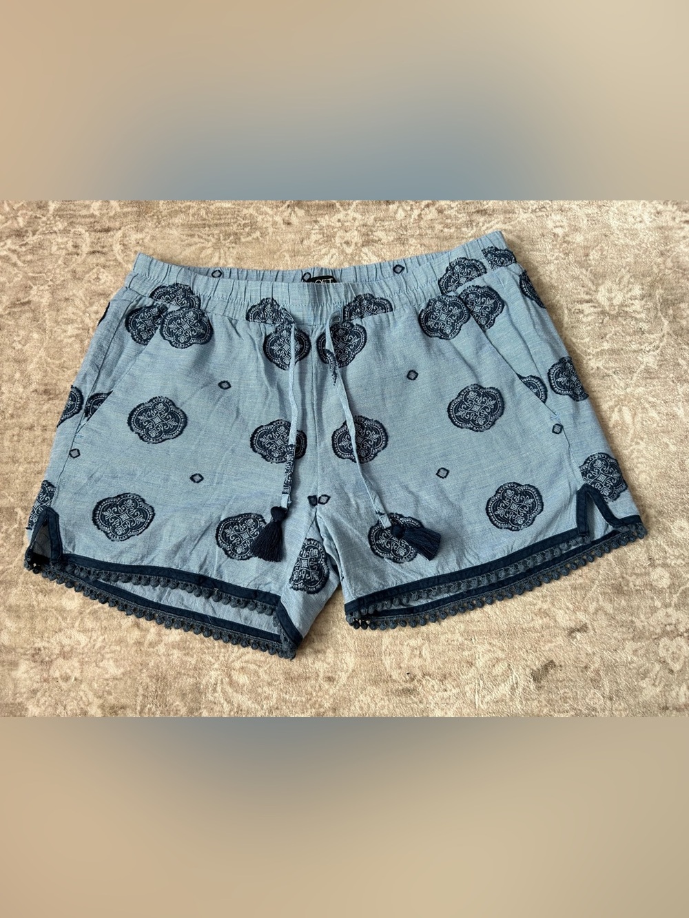 LOFT Light Blue Embroidered Cotton Shorts with Navy Tassels